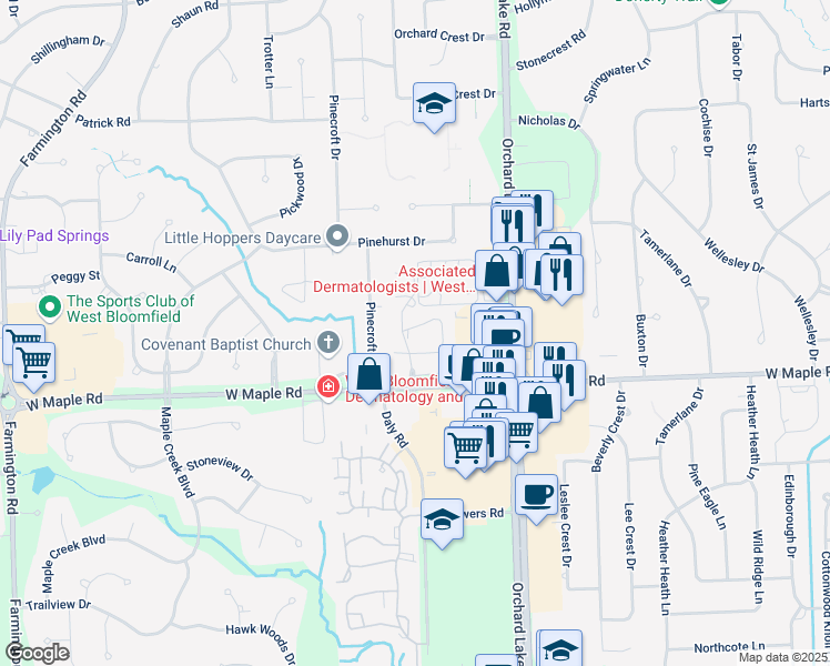 map of restaurants, bars, coffee shops, grocery stores, and more near 4237 Breckenridge Drive in West Bloomfield Township