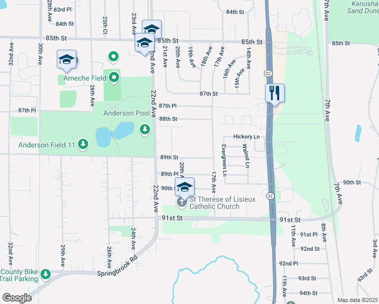 map of restaurants, bars, coffee shops, grocery stores, and more near 2030 89th Street in Kenosha