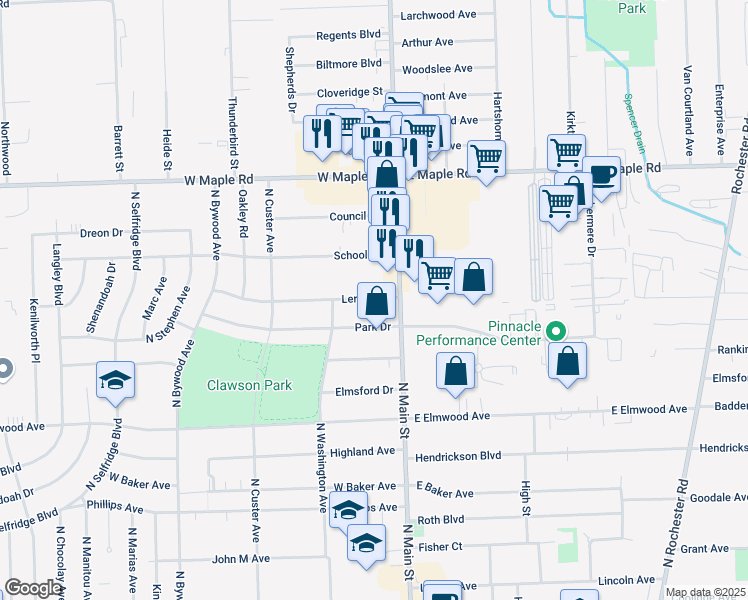 map of restaurants, bars, coffee shops, grocery stores, and more near 67 Leroy Avenue in Clawson