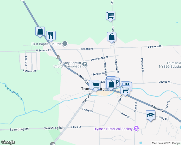 map of restaurants, bars, coffee shops, grocery stores, and more near 34 Seneca Street in Trumansburg