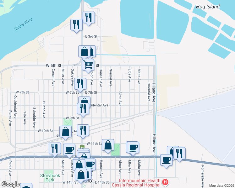 map of restaurants, bars, coffee shops, grocery stores, and more near 701 Normal Avenue in Burley