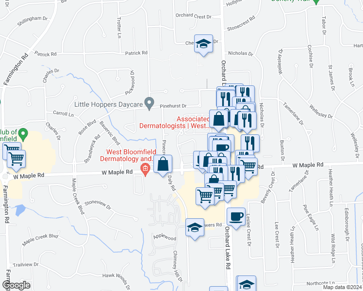 map of restaurants, bars, coffee shops, grocery stores, and more near 4253 Breckenridge Drive in West Bloomfield Township