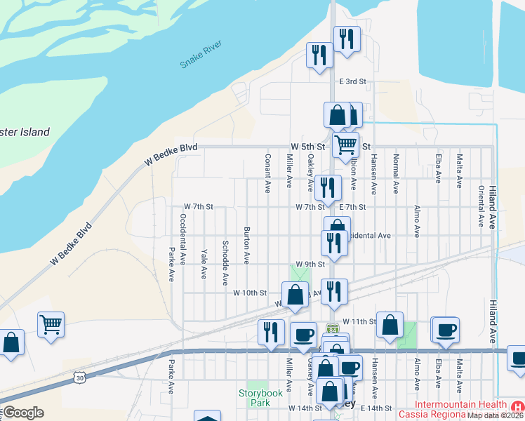 map of restaurants, bars, coffee shops, grocery stores, and more near 700 Conant Avenue in Burley