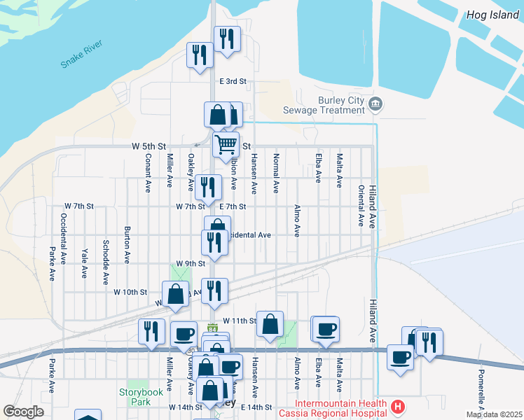 map of restaurants, bars, coffee shops, grocery stores, and more near 701 Hansen Avenue in Burley