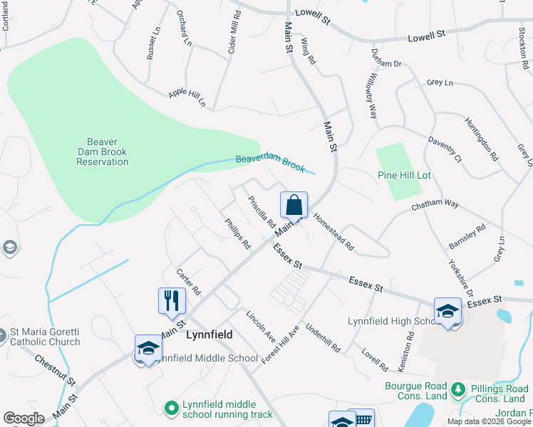 map of restaurants, bars, coffee shops, grocery stores, and more near 5 Priscilla Road in Lynnfield