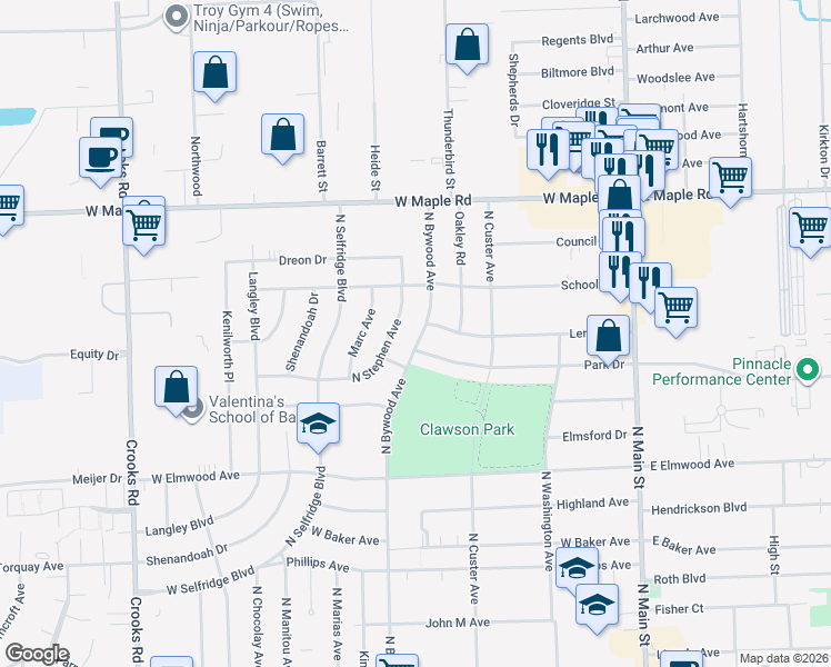 map of restaurants, bars, coffee shops, grocery stores, and more near 1269 North Bywood Avenue in Clawson