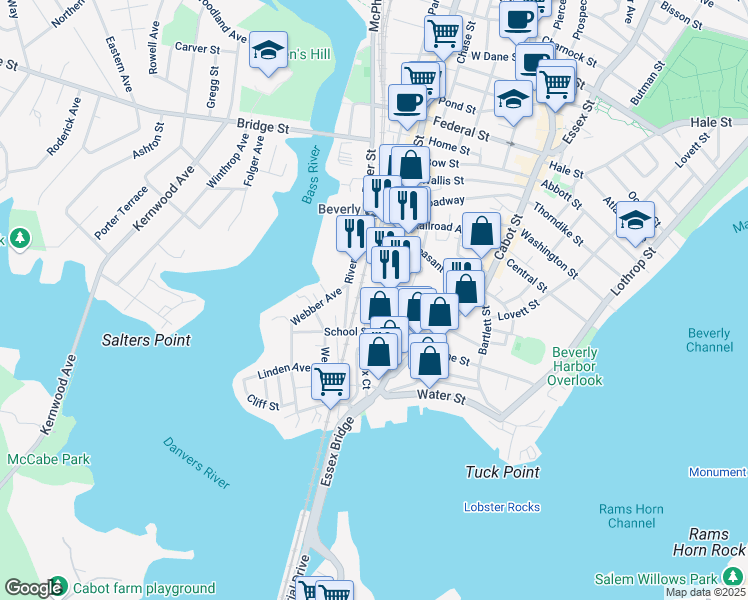 map of restaurants, bars, coffee shops, grocery stores, and more near 60 Rantoul Street in Beverly