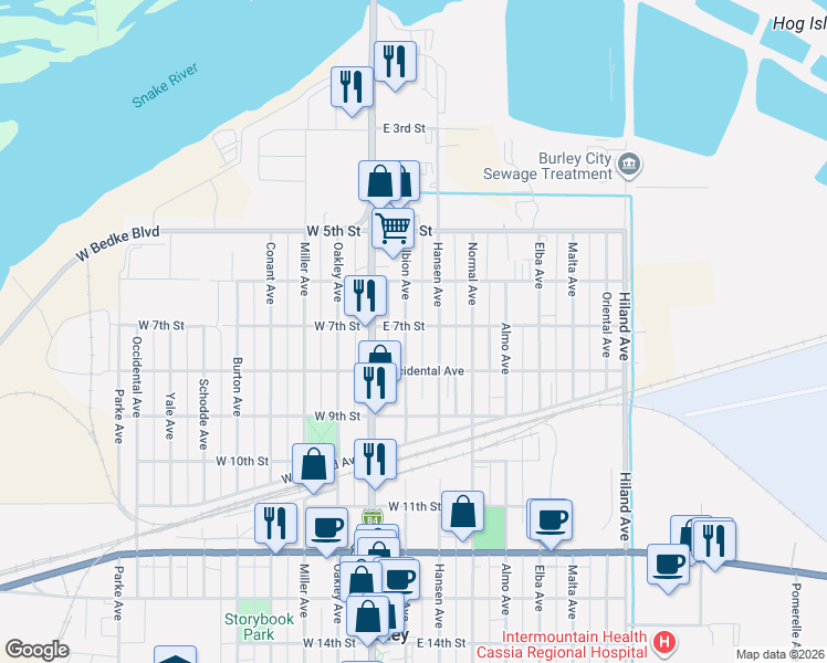 map of restaurants, bars, coffee shops, grocery stores, and more near 701 Albion Avenue in Burley