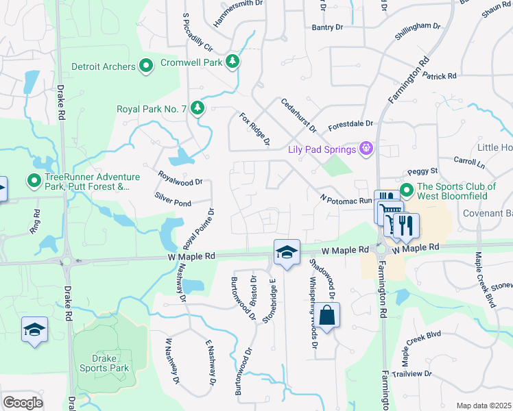 map of restaurants, bars, coffee shops, grocery stores, and more near 6285 Village Park Drive in West Bloomfield Township