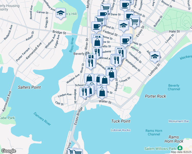 map of restaurants, bars, coffee shops, grocery stores, and more near 22 Fayette Street in Beverly