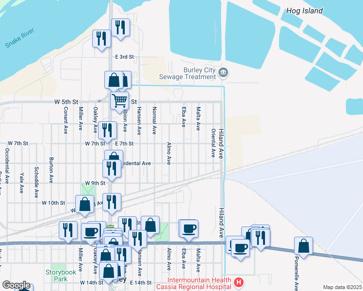 map of restaurants, bars, coffee shops, grocery stores, and more near 700 Almo Avenue in Burley