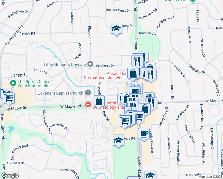 map of restaurants, bars, coffee shops, grocery stores, and more near 4237 Breckenridge Drive in West Bloomfield Township