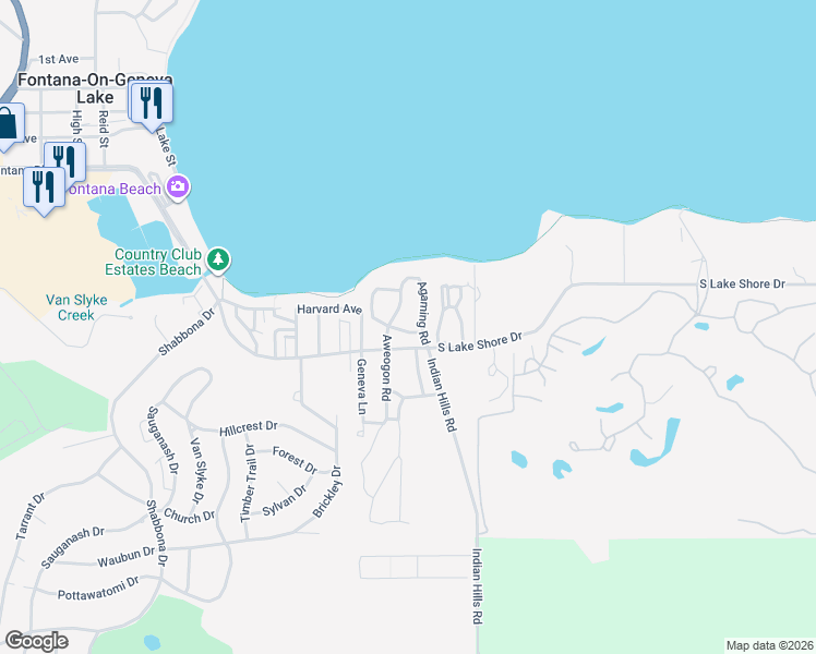 map of restaurants, bars, coffee shops, grocery stores, and more near 542 Akwenasa Way in Fontana-on-Geneva Lake