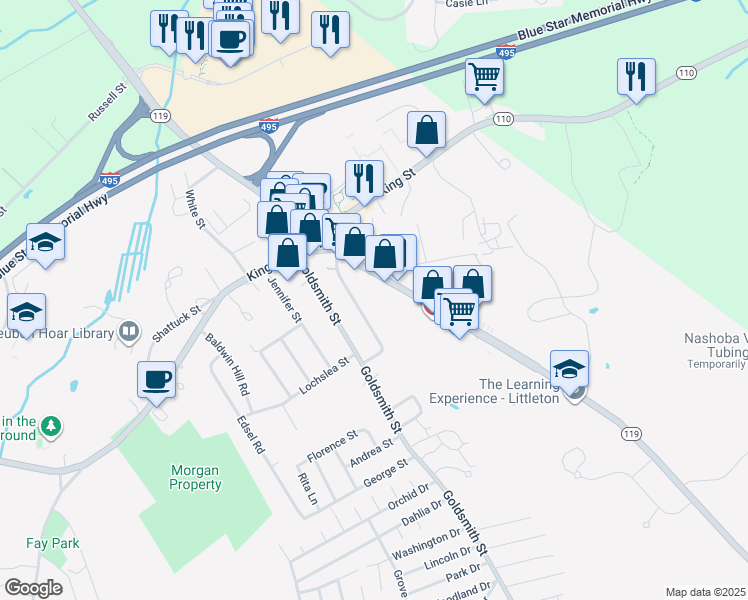 map of restaurants, bars, coffee shops, grocery stores, and more near 18 Adams Street in Littleton