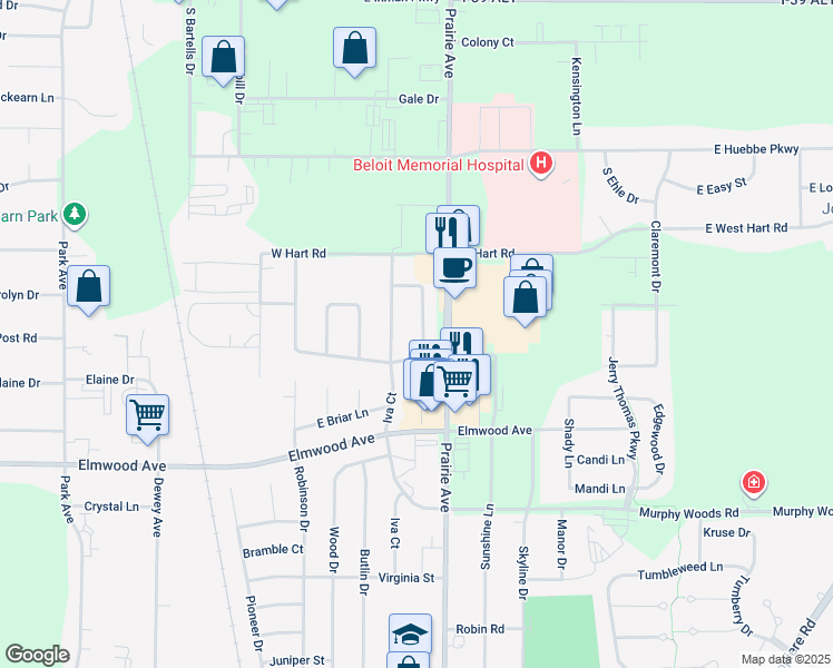 map of restaurants, bars, coffee shops, grocery stores, and more near 2714 Scotties Drive in Beloit