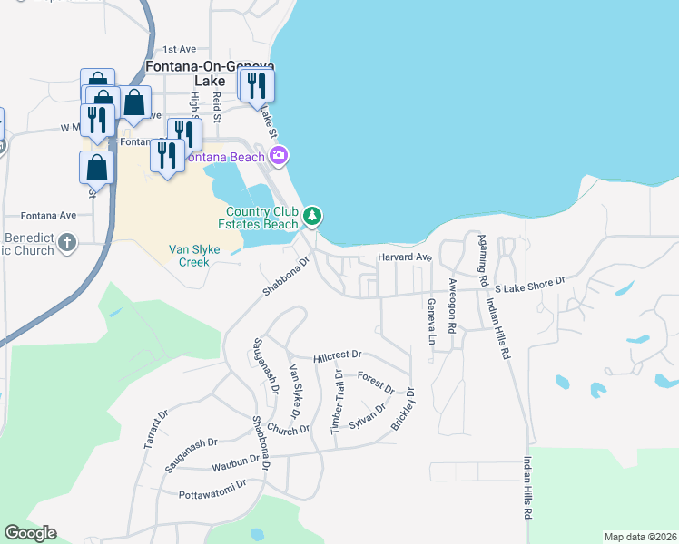 map of restaurants, bars, coffee shops, grocery stores, and more near 647 Walworth Avenue in Fontana-on-Geneva Lake