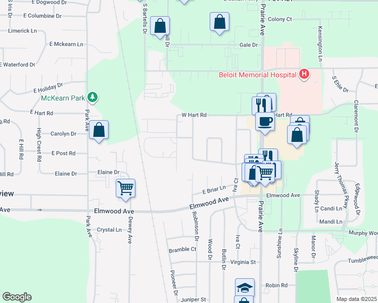 map of restaurants, bars, coffee shops, grocery stores, and more near 2712 Robinson Drive in Beloit