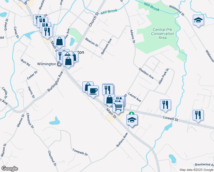 map of restaurants, bars, coffee shops, grocery stores, and more near 7 Chelsea Street in Wilmington