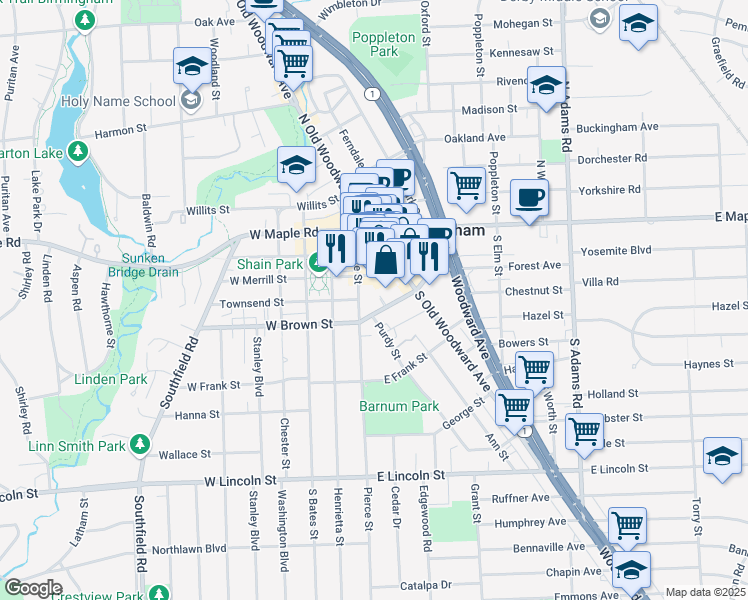 map of restaurants, bars, coffee shops, grocery stores, and more near 252 East Brown Street in Birmingham