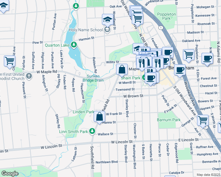map of restaurants, bars, coffee shops, grocery stores, and more near 400 Southfield Road in Birmingham