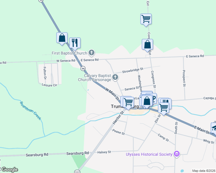 map of restaurants, bars, coffee shops, grocery stores, and more near 74 New York 96 in Trumansburg