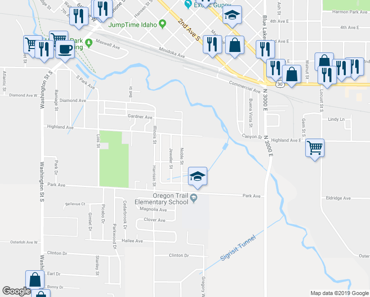 map of restaurants, bars, coffee shops, grocery stores, and more near 351 Noble Street in Twin Falls