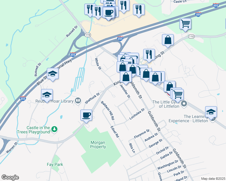 map of restaurants, bars, coffee shops, grocery stores, and more near 423 King Street in Littleton