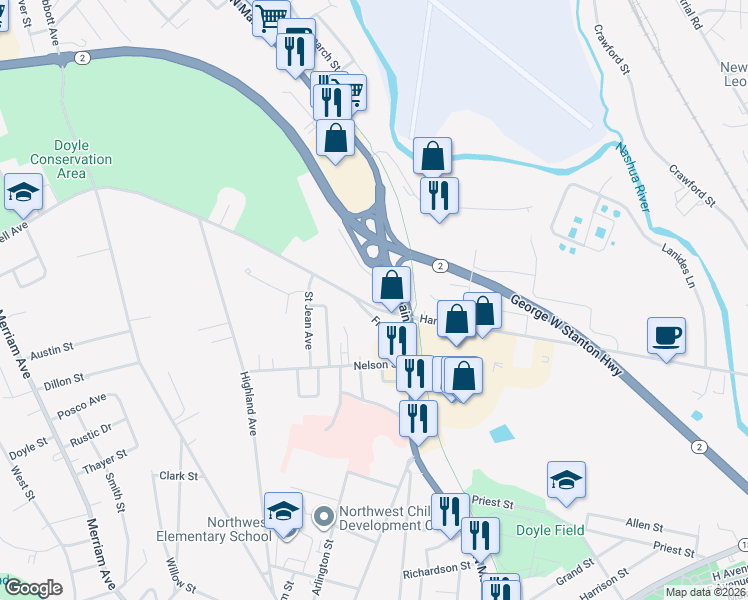 map of restaurants, bars, coffee shops, grocery stores, and more near 33 Lindell Avenue in Leominster