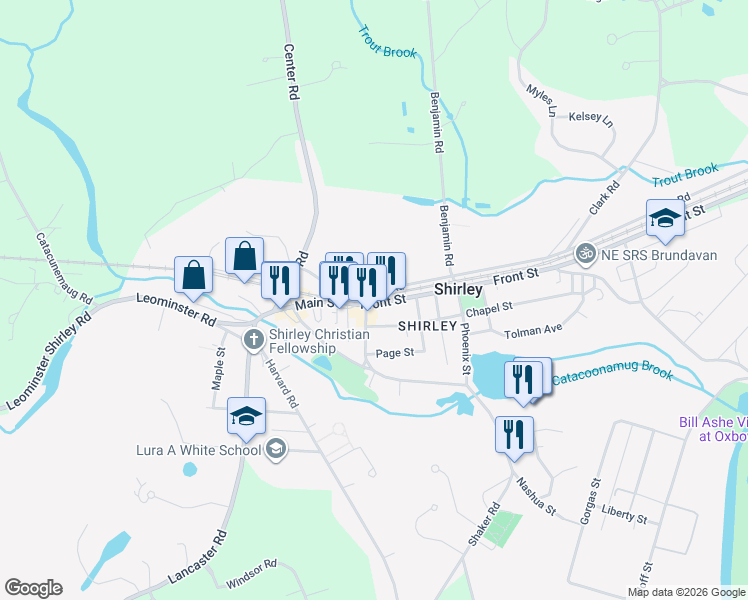map of restaurants, bars, coffee shops, grocery stores, and more near 14 Front Street in Shirley