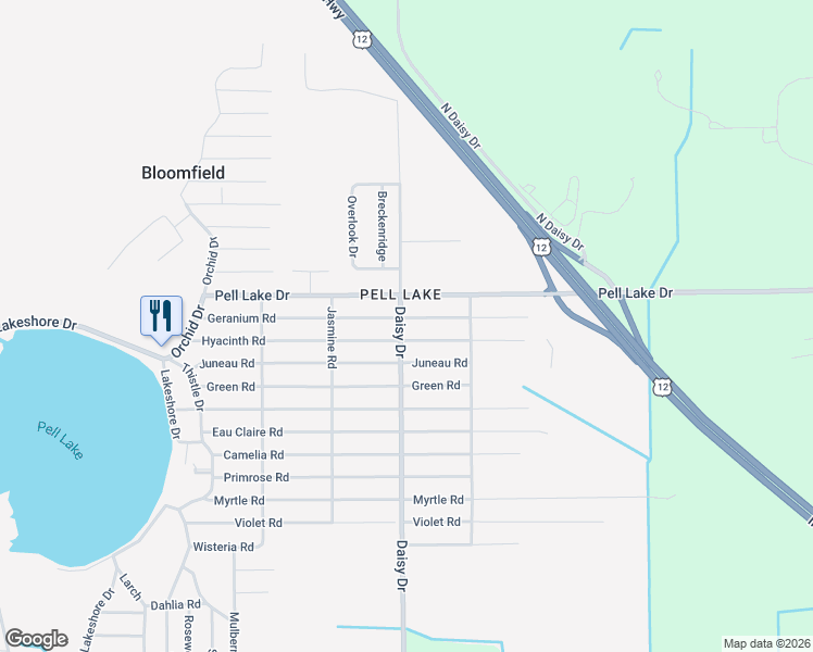 map of restaurants, bars, coffee shops, grocery stores, and more near N1480 Daisy Drive in Genoa City