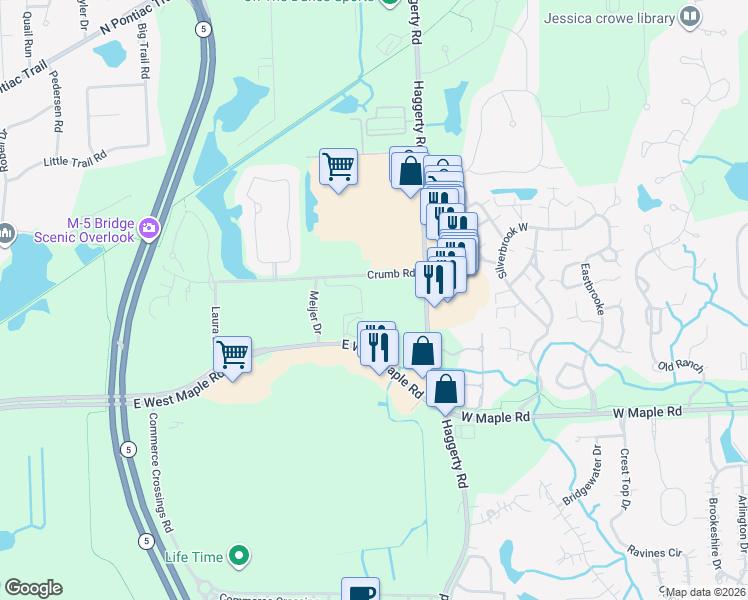 map of restaurants, bars, coffee shops, grocery stores, and more near 3300 Crumb Road in Oakland County