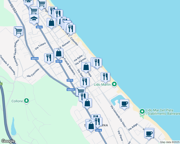 map of restaurants, bars, coffee shops, grocery stores, and more near 38 Viale Europa in Silvi