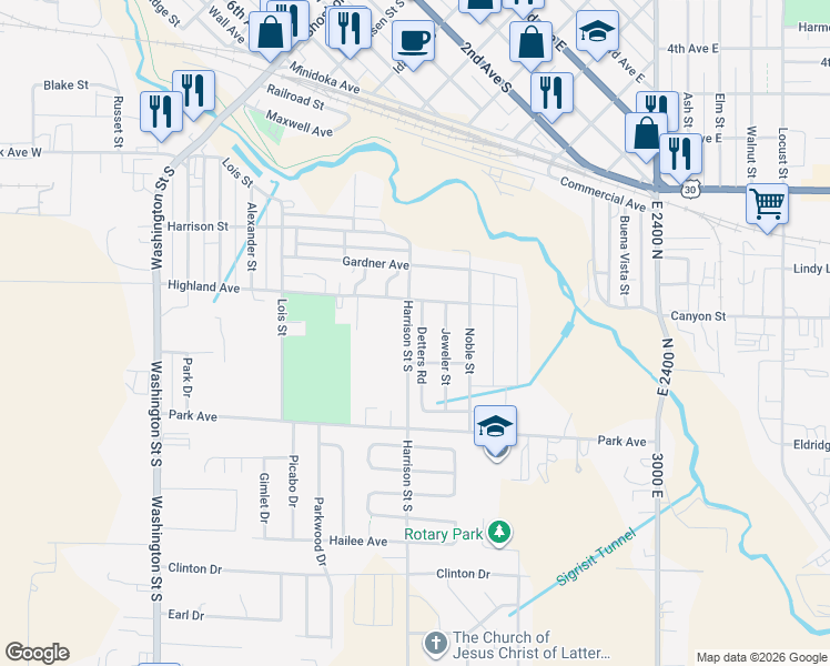 map of restaurants, bars, coffee shops, grocery stores, and more near 356 Watchmaker Street in Twin Falls
