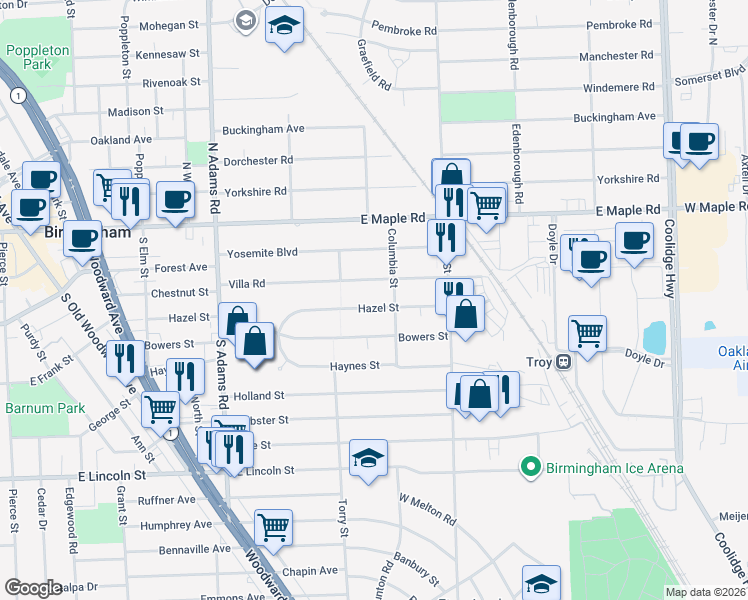 map of restaurants, bars, coffee shops, grocery stores, and more near 1731 Hazel Street in Birmingham