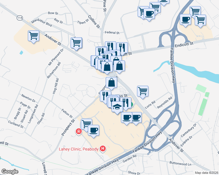 map of restaurants, bars, coffee shops, grocery stores, and more near 39 Cross Street in Peabody
