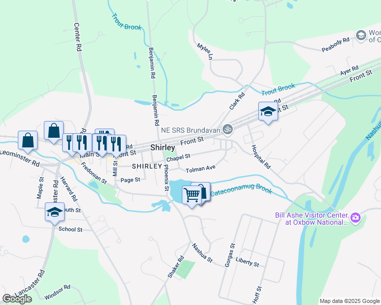 map of restaurants, bars, coffee shops, grocery stores, and more near 56 Chapel Street in Shirley