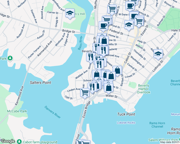 map of restaurants, bars, coffee shops, grocery stores, and more near 2 Webber Avenue in Beverly