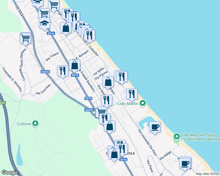 map of restaurants, bars, coffee shops, grocery stores, and more near 38 Viale Europa in Silvi