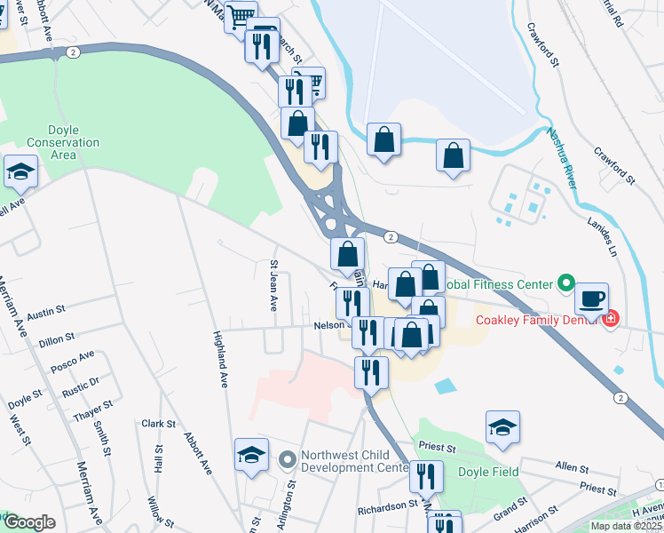 map of restaurants, bars, coffee shops, grocery stores, and more near 33 Lindell Avenue in Leominster