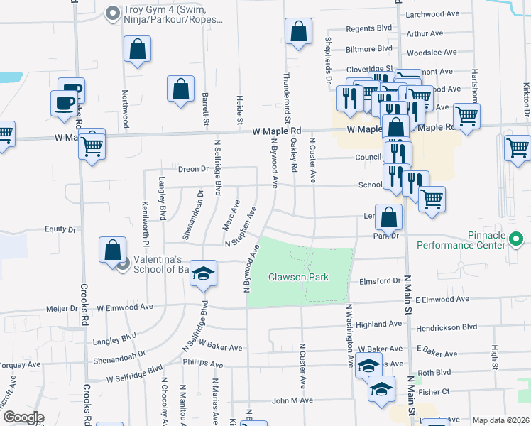 map of restaurants, bars, coffee shops, grocery stores, and more near 1269 North Bywood Avenue in Clawson