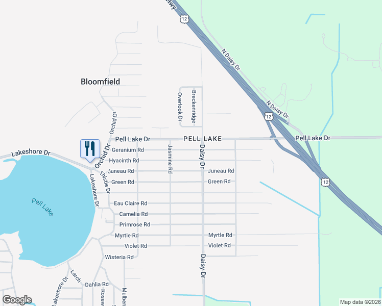 map of restaurants, bars, coffee shops, grocery stores, and more near W923 Geranium Road in Genoa City