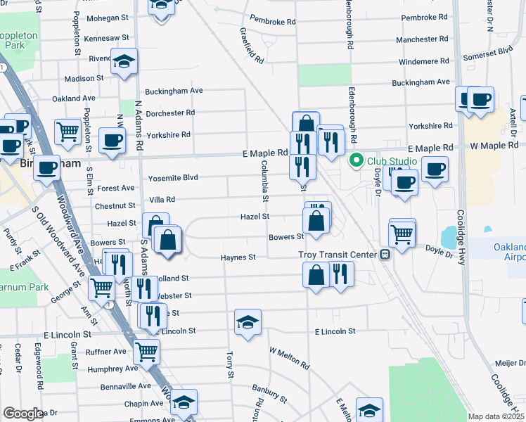 map of restaurants, bars, coffee shops, grocery stores, and more near 1731 Hazel Street in Birmingham