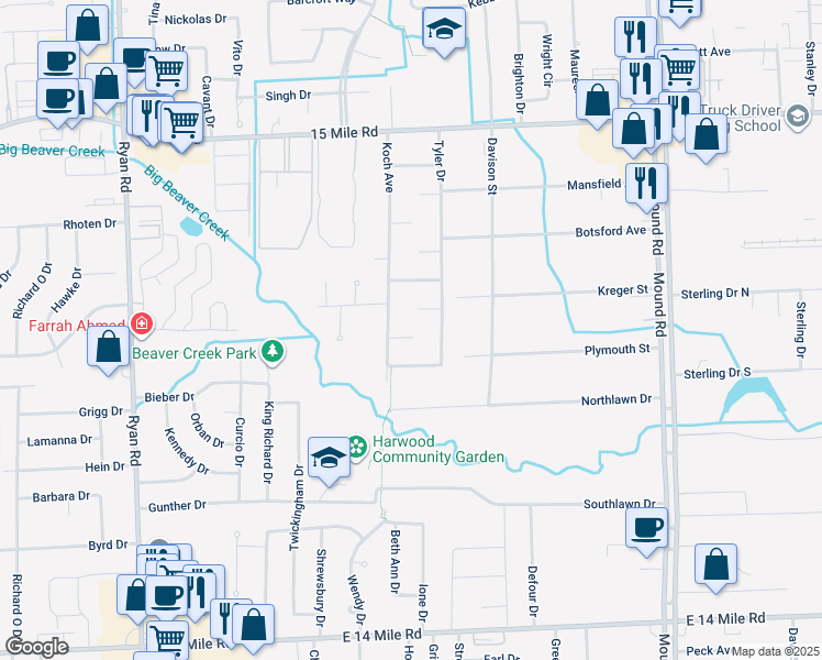 map of restaurants, bars, coffee shops, grocery stores, and more near 4935 Vista Court in Sterling Heights
