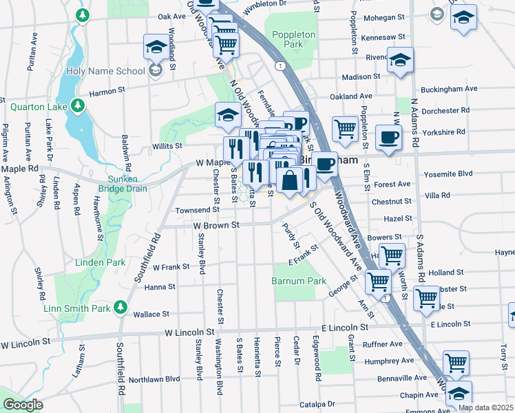 map of restaurants, bars, coffee shops, grocery stores, and more near 100 Townsend Street in Birmingham