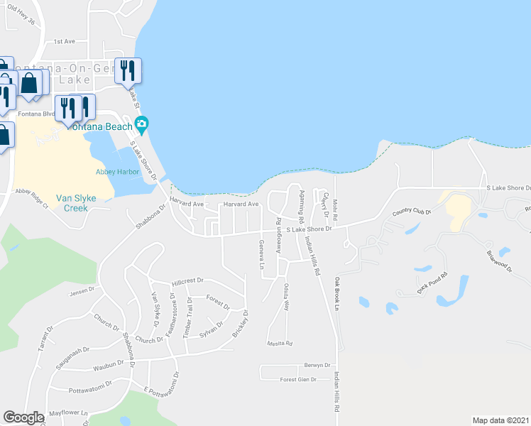 map of restaurants, bars, coffee shops, grocery stores, and more near 643 Maple Drive in Fontana-on-Geneva Lake
