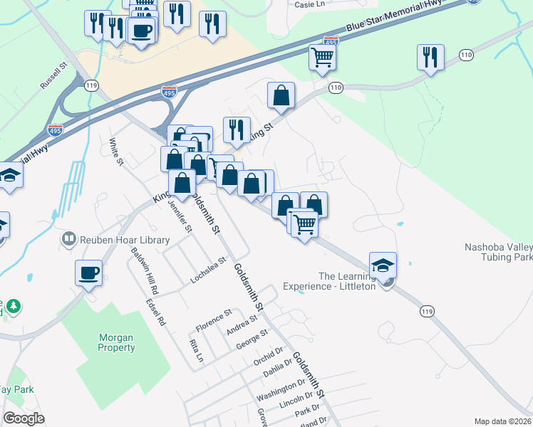 map of restaurants, bars, coffee shops, grocery stores, and more near 280 Great Road in Littleton