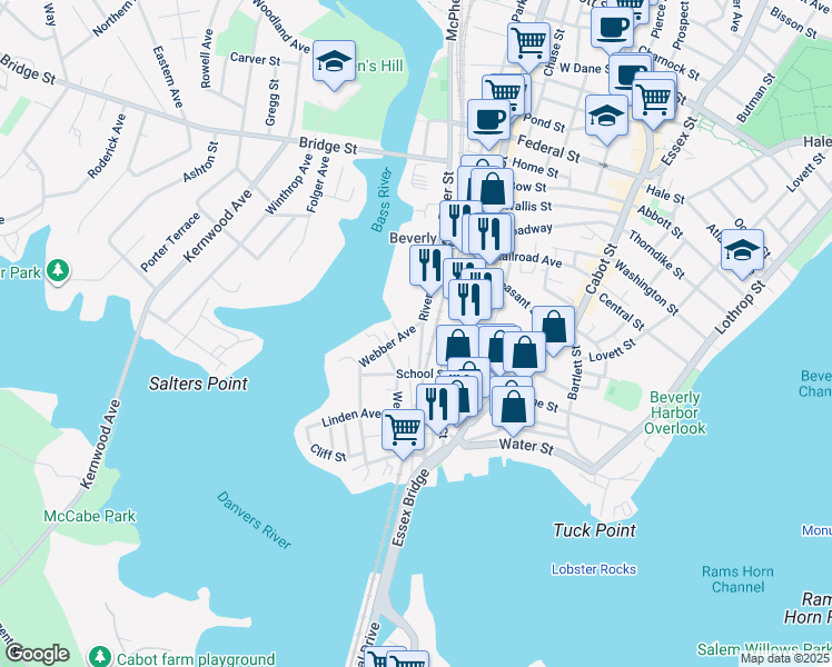 map of restaurants, bars, coffee shops, grocery stores, and more near 2 Webber Ave in Beverly