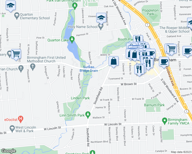 map of restaurants, bars, coffee shops, grocery stores, and more near 255 Valley View Lane in Birmingham