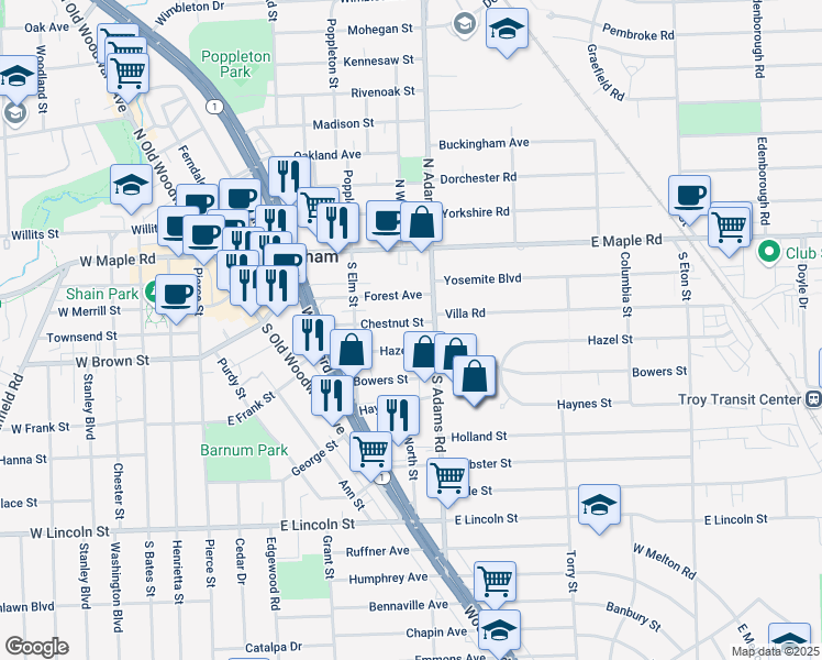 map of restaurants, bars, coffee shops, grocery stores, and more near 1028 Chestnut Street in Birmingham
