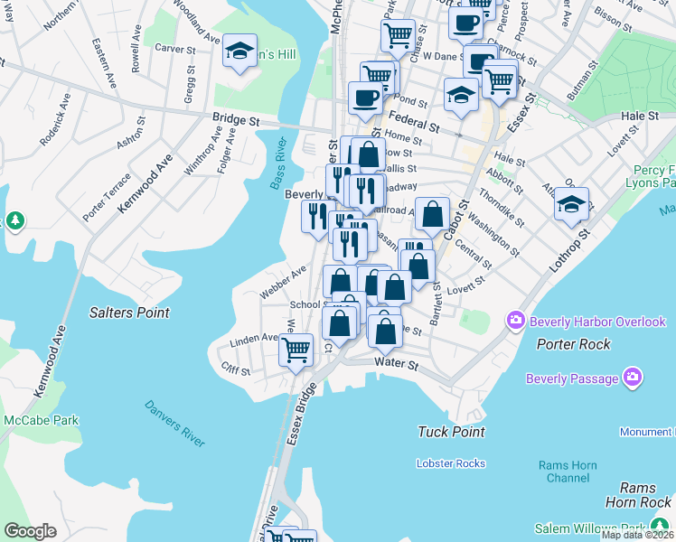 map of restaurants, bars, coffee shops, grocery stores, and more near 60 Rantoul Street in Beverly